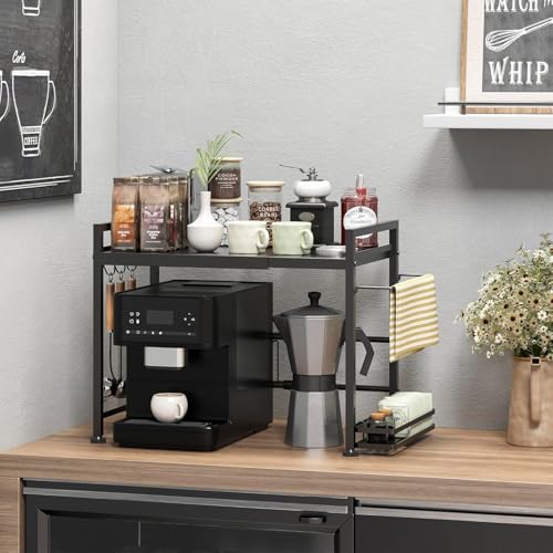 DOLALIKE Microwave Oven Rack, Expandable Microwave Stand Kitchen Countertop Organizer Utensils Storage, Carbon Steel Over Microwave Shelf with 3 Hooks (Black, 2 Tier- With Storage) - color: Black, size: 2 Tier (With Spice Rack)
