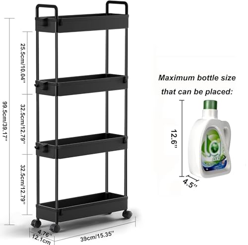 SOLEJAZZ Slim Rolling Storage Cart with Wheels 4 Tier Skinny Bathroom Storage Organizer Narrow Shelf Unit Thin Laundry Room Utility Cart for Bedside Kitchen Office Next to Fridge Small Places, Black - color: Black, size: 4-Tier, 4.76"D