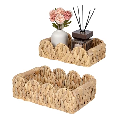 Kriitools Scalloped Wicker Rattan Baskets for Shelf, Toilet Paper Storage Basket for Over Toilet Storage Shelf, End Table, Living Room, Bedroom, Shelves, Handwoven Farmhouse Home Decor, Natural Set 2 - size: Small