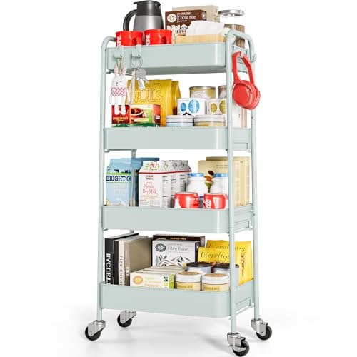 TOOLF 4-Tier Rolling Cart - Metal Storage Organizer with Lockable Wheels, 44 lbs Per Shelf Capacity, Tool-Free Assembly, for Kitchen Bathroom Office Laundry Room Nursery, Green - color: Green, size: 4-Tier