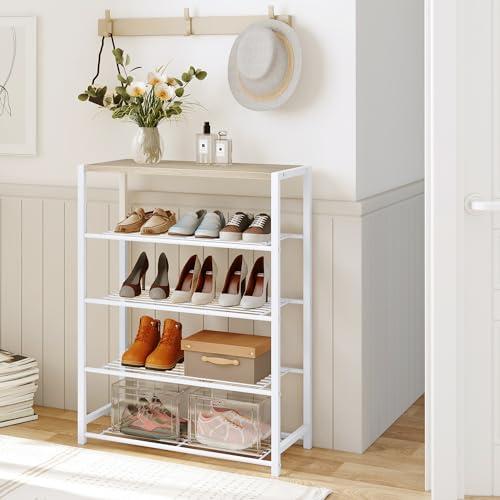 Yusong Shoe Rack Organizer, 5 Tier Industrial Shoe Storage Shelf, Narrow Sturdy Metal Shoe Shelves for Closet Entryway, White - color: White, size: 5 Tier