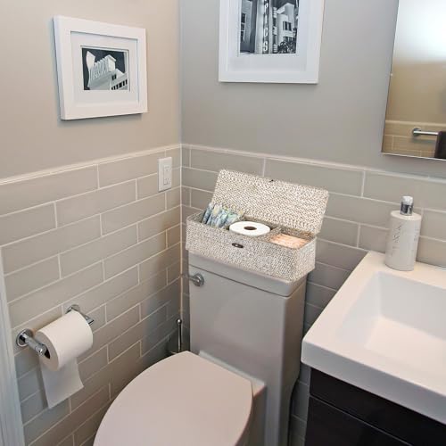 Sumnacon Extended Seagrass Storage Basket with Lid 3-Section Wicker Storage Basket,Small Woven Shelf Basket for Toiletries Tampon Storage,Seagrass Basket for Shelf Bathroom Toilet Counter,Whitewash - color: Whitewash, size: Large