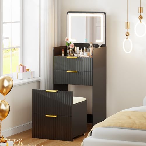 Gurexl Fluted Small Vanity Desk with Mirror and Lights, 3-in-1 Compact Makeup Vanity Set with Hidden Storage Stool, Mini Dressing Table with 3 Drawers, Gift for Little Girls/Kids (Black) - color: Black