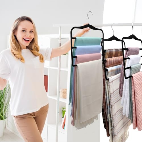 Closet Organizers and Storage, 2 Pack Pants-Hanger-Space-Saving, Velvet Clothes Organization Jeans Trousers Scarf Hangers for Pant-Rack, College-Dorm-Room Essentials for Students Girls Boys Guys - color: Black+sliver