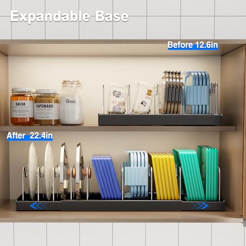 Mustorn 2 Pack Pots and Pans Organizer under Cabinet, 22" Expandable Food Storage Container Lid Organizer with 9 Adjustable Stainless Steel Dividers, ABS Base, Countertop Rack, Black - color: Black(Expandable), size: 2 Pack