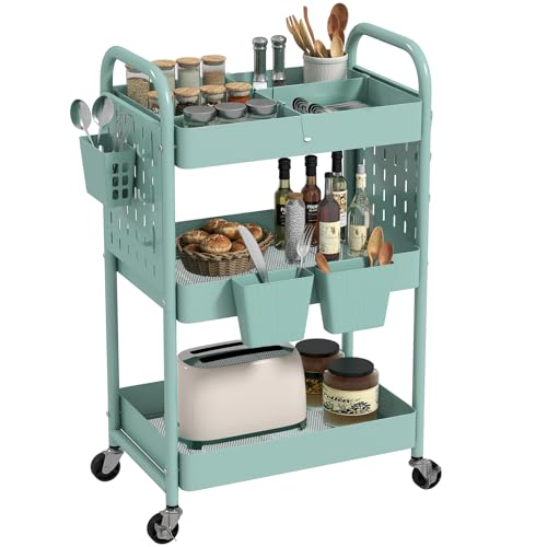 danpinera Rolling Cart, Movable Utility Organizer with Retractable Dividers & Pegboards for Kitchen, Bathroom, Office - color: Green, size: with Dividers