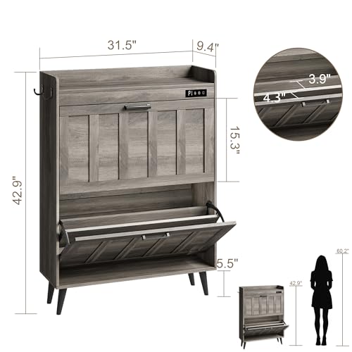 ChooChoo Shoe Storage Cabinet with 2 Flip Drawers, Deodorizing Shoe Organizer Storage for Entryway, Freestanding Hidden Slim Narrow Shoe Rack Cabinet, Grey - color: Grey, size: 2-Drawers