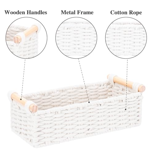 Boho Cotton Rope Storage Baskets Set of 2, Woven Wicker Organizer Bins with Wooden Handles, Small Decorative Boxes for Organizing, Toilet Paper Baskets for Bathroom Countertop, Shelves (White 2 Pack) - color: White 2 Pack
