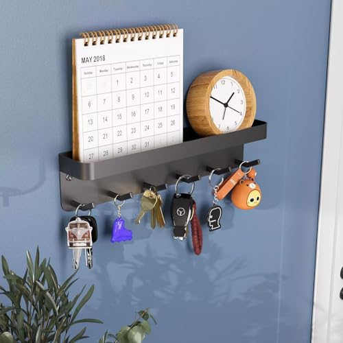 Keys Holder On Wall Adhesive Key Rack with Mail Organizer Wall Mount Key Hanger with 6 Hooks for Entryway Door Hallway and Office (Matte Black)