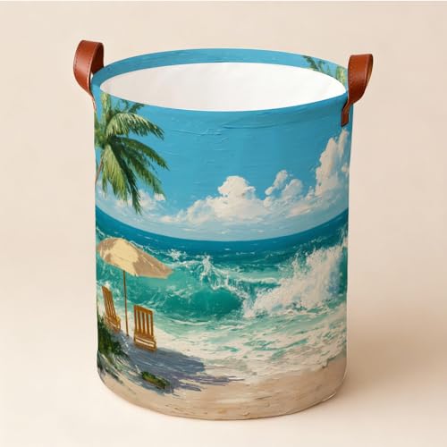 Beach Scenes Laundry Hamper, Collapsible Oxford Cloth Laundry Basket Cool Design Beach Theme for Boys Room, Colorful Small Space Hamper Summer Decor (15.75x15.75x19.7in) - color: Colorful601