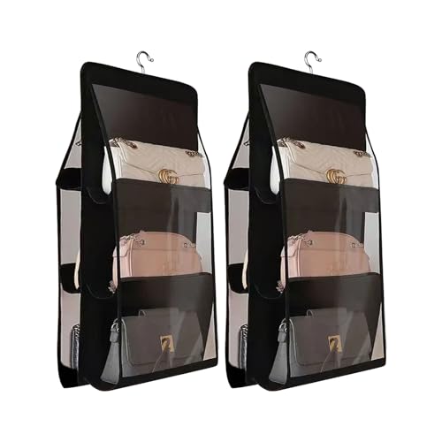 Space Saving Hanging Purse Organizer 6 Pockets Closet Wardrobe Handbag Pocketbook Storage - color: Black, size: 2-Pack
