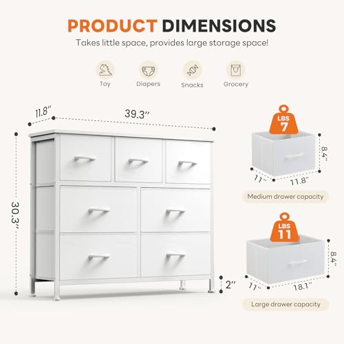 Sweetcrispy 7 Drawer Dresser with Fabric Bins Fabric Storage Tower Organizer for Bedroom Closet Hallway Entryway Tall Chest of Drawers with Steel Frame Wood Top Easy Pull Handles,White - color: White, size: 11.8"D x 39.3"W x 30.3"H (7 Drawers)
