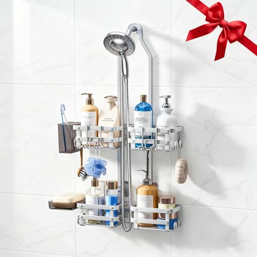 GAOKASE Aluminum Shower Caddy Hanging, Never Rust Shower Organizer- 4 Levels with adjustable Height 10 Hooks for Razor/Sponge - Rack with Soap Basket (Silver) - color: Silver