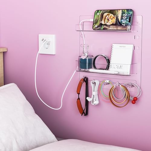 SuoXing Bedside Wall Organizer for Bedroom,Rv,Small Rooms,Nightstand and Bedside Wall Shelf for Earphone,Glasses,Remote Control,Phone Charging Shelf,Dorm Decor for College Girls and Teen Girl,Clear - color: Clear