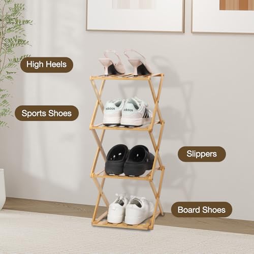Bamboo Shoe Rack 4 Tier Foldable Shoe Rack Vertical Bamboo Shoe Organizer Free Standing Shelf for Entryway, Closet, Bedroom, Wood Color - color: Wood Color, size: 4-tier