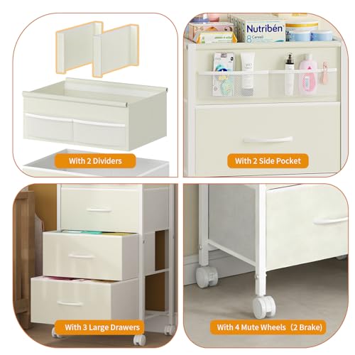 4-Tier Baby Diaper Caddy Organizer Cart with 3 Storage Drawers, Rolling Cart with Dividers & Side Pockets for Nursery, Baby Essentials, Toys, Wipes & Creams, Portable Kids Storage Cart & Station - color: Light Khaki, size: 11.8"D x 16.5"W x 31.9"H (3 Draw
