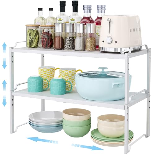 2 Pack 11” Width Expandable Kitchen Cabinet Organizer Shelves, Heavy Duty Kitchen Countertop Organizers and Storage Rack, Stackable Metal Small Storage Shelf For Pantry Counter Cupboard Organization - color: White