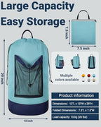 Laundry Bag with Shoulder Straps and Mesh Pocket Laundry Backpack Large Portable Laundry Hamper for College Laundromat Apartment - color: Lake Blue & Dark Blue