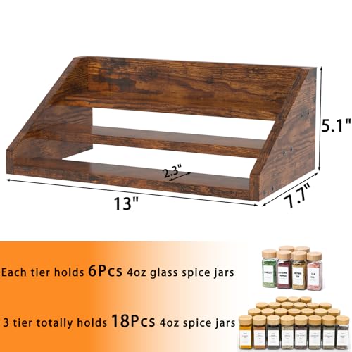 Spice Rack Organizer for Cabinet, Robust Wooden Display Riser Shelf Seasoning Organizer for Countertop Cupboard Pantry, Condiment Jar Kitchen Storage Holder Super Sturdy Stand, Rusitc Brown (3-Tier) - size: 3-Tier
