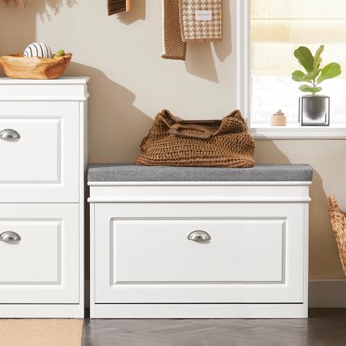 SoBuy Small Shoe Storage Bench, Narrow Shoe Cabinet for Entryway, Shoe Rack with Cushion&2 Tiers Flip-Drawer, Closet Hallway Mudroom White FSR82-L-W - color: White, size: 1 Drawer (L)