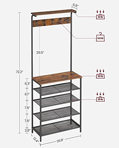 VASAGLE Hall Tree with Shoe Bench, Coat Rack Shoe Bench, 5-Tier Shoe Rack Different Heights, 5 Dual Hooks, Top Shelf, Entryway Organizer, Hallway Bedroom Dorm, Rustic Brown and Black UHSR412B01 - size: 26.8”W