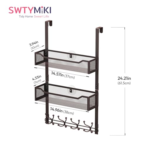 SWTYMIKI Over The Door Hooks Organizer - Multi-Functional Door Hanger with 16 Hooks & 2 Mesh Baskets, Long Coat Rack for Bathroom, Bedroom, Living Room, Home Storage Organizer, Bronze - color: Bronze
