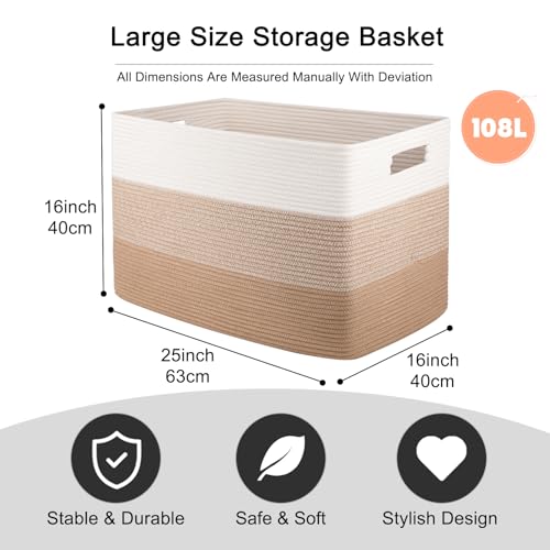 OIAHOMY 108L Super Large Blanket Basket, 25”x16”x16” Rectangle Woven Baskets for Storage, Cotton Rope Basket For Living Room, Toy Storage with Handle- Gradient Light Brown - color: Gradient Light Brown