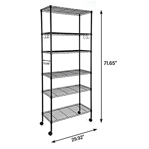 YSSOA Heavy Duty 6-Shelf Shelving with Wheels, with Hanging Hooks, Wire Shelving, Adjustable Storage Units, 29'' D x 14'' W x 70'' H, 6 Tier, Black - size: 6-Tier, 70 inch Taller