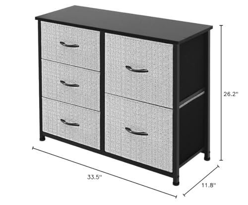 Storage Dresser Furniture Unit-Large Standing Organizer Chest for Bedroom, Office, Living Room, and Closet-5 Drawer Removable Fabric Bins, Grey with Black