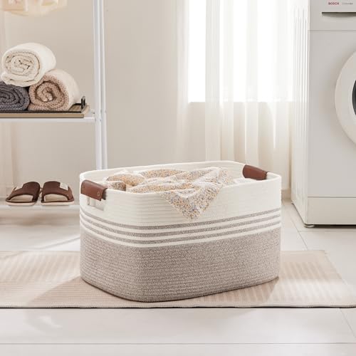 72L Large Laundry Basket with Leather Handles for Living Room Storage, Woven Rope Baskets Bin for Blanket, Kids Toy, Gifts, Wicker Hamper for Bedroom Dirty Clothes, 22"x17"x12" White Brown - color: Brown, size: 72L