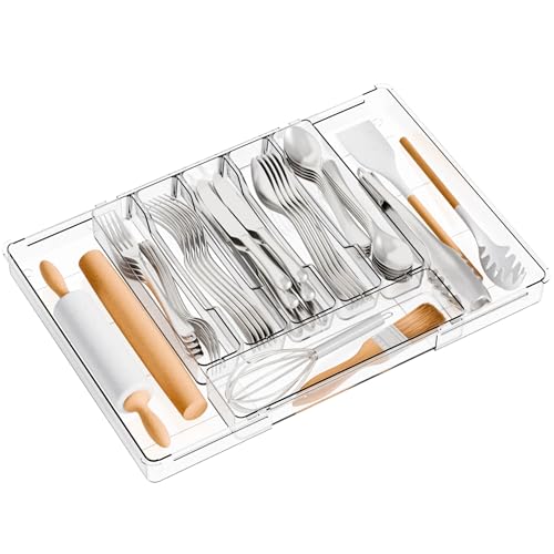 Yieach Large Clear Expandable Silverware Drawer Organizer for Kitchen,BPA FREE Adjustable Utensil Drawer Organizer and Silverware Tray,Plastic Flatware Organizers,Cutlery,Knife,Fork and Spoon Holder - size: L - 12.6 to 21.3