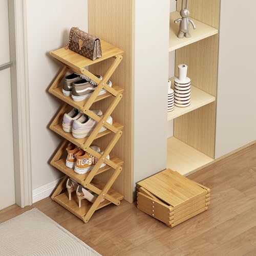 Bamboo Shoe Rack - No Assembly Required, Tall Narrow Foldable Shoe Organizer, Space-Saving Multifunctional Shelf for Entryways, Corners, Bedrooms, Balconies, 7 Layer(Reinforced and Thickened) - color: Wood Color, size: 7 Layers