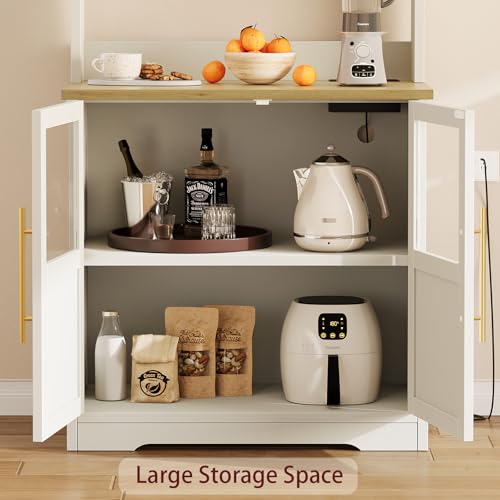 IDEALHOUSE Bakers Rack With Storage Cabinet, Microwave Stand With Power Outlets, Farmhouse Bakers Rack With Thick Table Top, Small Kitchen Pantry for Kitchen,Dining Room,White & Peer Wood - color: White & Peer Wood, size: with 2 Glass Door