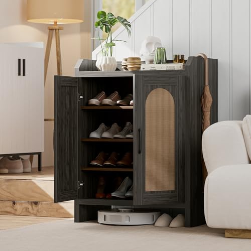 Mericonia Shoe Cabinet Storage for Entryway, Natural Rattan Shoes Cupboard, Wooden Shoe Rack with Doors and Shelves, Farmhouse Boho Wood Shoe Organizer Cabinet for Hallway Black - color: Black, size: 5-tier