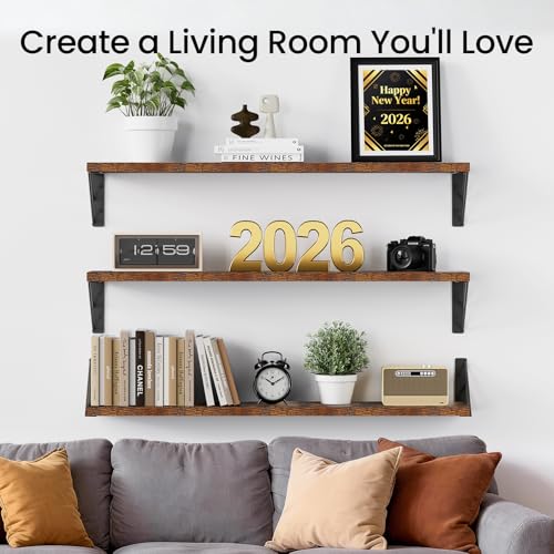 BAYKA Wall Shelves for Bedroom Decor, Floating Shelves for Wall, Display Mounted Rustic Wood Shelf for Books,Plants,Corner Shelves for Bathroom,Kitchen,Living Room(Rustic Brown，36in，Set of 3) - color: C. Rustic Brown Board & Black Brackets, size: 36-inch