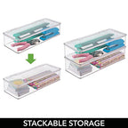 mDesign Office Supplies Desk Organizer Box with Lid for Staplers, Scissors, Pens, Sticky Notes, Highlighters, Tape - 3" Tall, Long, Clear - size: 5.75 x 13.4 x 3 (Pack of 1)