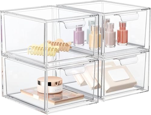 SpaceHacks 4 Pack Stackable Makeup Organizer and Storage, Acrylic Organizers，Clear Plastic Storage Drawer with Handles for Vanity, Undersink, Kitchen Cabinets, Pantry - color: Clear, size: 4 Pack