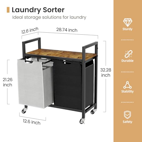 SwaaVee Laundry Hamper, Laundry Basket, Laundry Sorter with 2 Removable Bags, Clothes Basket with 2 Compartments, Wheels, Shelf for Laundry Room Bathroom Bedroom (2 Bags-Black Grey) - color: 2 Bags-Black Grey