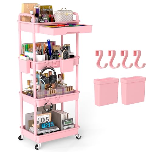 4 Tier Rolling Utility Cart with Drawer, Plastic Storage Organizer Rolling Carts with Wheels Handles Hanging Cups Hooks for Office, Bathroom, Kitchen,Craft Art Room (Pink) - color: Pink, size: 4-Tier