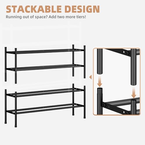 STORAGE MANIAC Long Expandable Shoe Rack, 12 Pairs Metal Wide Stackable Shoe Rack, Adjustable Shoes Shelf, Freestanding Shoes Organizer for Closet, Entryway, Hallway, Garage, Front Door, 2 Tiers - size: 2-tier