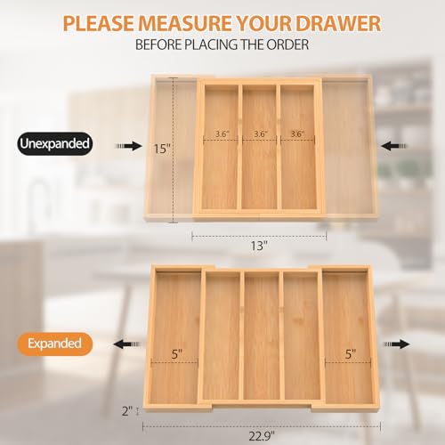 Bamboo Expandable Kitchen Drawer Organizer, 13" to 23" Adjustable Utensils and Cutlery Tray, Wood Drawer Organizer for Silverware Flatware