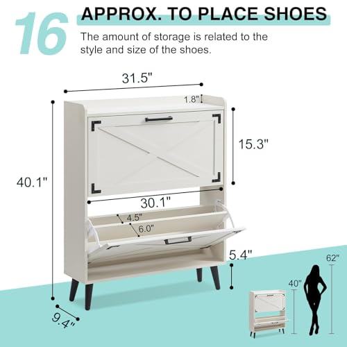 Barnyatoh Shoe Storage Cabinet,Farmhouse Shoe Organizer with 2 Flip Drawers & Barn Door Design,Freestanding Hidden Slim Narrow Shoe Rack Cabinet for Entryway,Foyer,Hallway,Antique White - color: Antique White, size: 2-Drawers
