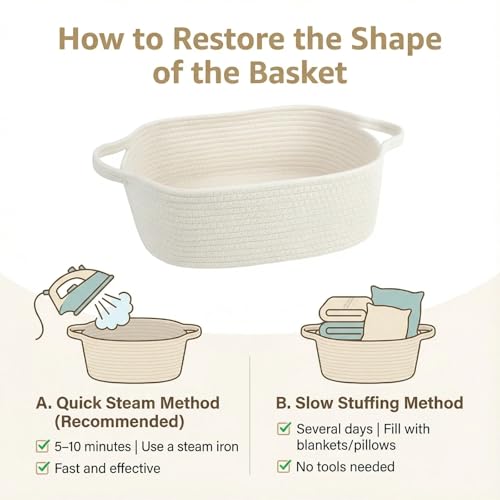 Cotton Rope Storage Basket with Handles, Natural Woven Basket, Decorative Rectangle Organizer Bin for Home, Nursery, Montessori, Dog Toy Storage and Bathroom Organization, White - color: Off-White, size: 14.2" L × 10.4" W × 5.1" H