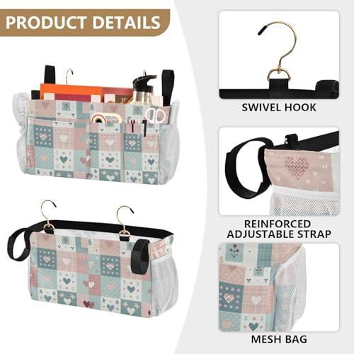 Bedside Caddy Hanging Storage Bag Simple Checkered Hearts Bedside Organizer Caddy for Bunk, Dorm Room, Hospital Beds - Place Magazines / Remotes / Keys