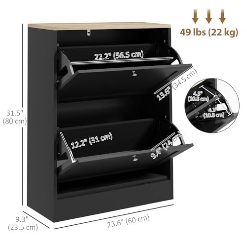 HOMCOM Shoe Storage Cabinet with 2 Flip Drawers, Wooden Freestanding Shoe Organizer with Adjustable Shelves for Entryway, Hallway, Black - color: Black, size: 23.6" x 9.3" x 31.5"