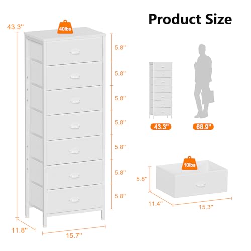 Furnulem White Tall Dresser for Bedroom with 7 Drawers, Vertical Chest of Drawer in Closet, Nightstand Storage Tower Unit Organizer with Fabric Bins for Dorm,Living Room,Entryway,Hallyway - color: White, size: 11.8"D x 15.8"W x 43.3"H (7 Drawers)