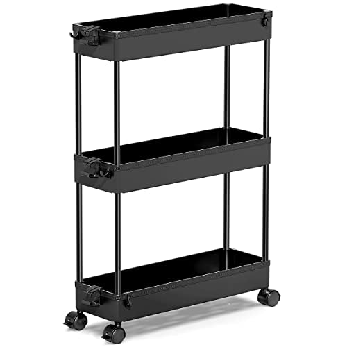 SPACEKEEPER Slim Rolling Storage Cart, 3 Tier Bathroom Storage Organizer Laundry Room Utility Cart Mobile Shelving Unit, Multi-Purpose for Kitchen Office Bathroom Laundry Narrow Places, Black - color: Black