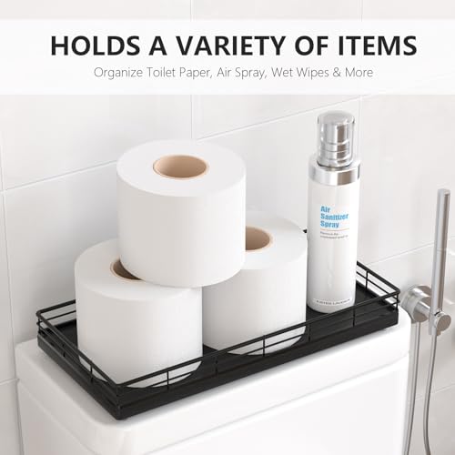 Toilet Paper Basket Organizer – Oak Wood Toilet Tank Tray with Metal Frame, Bathroom Counter Top Storage for Toilet Paper, Wipes & Decor, Modern Narrow Back of Tank Shelf Organizer, Black - color: Black, size: 13" x 6.5" x 2"
