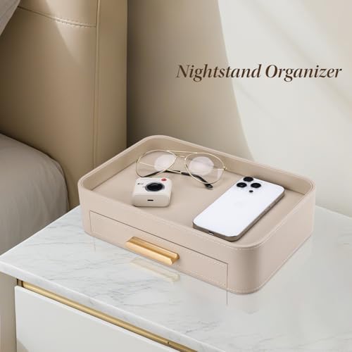GORESE Valet Jewelry Tray Nightstand Organizer with Drawer, PU Leather Perfume Tray Trinket Trays for Vanity Bathroom Entryway, Catchall Trays for Key Purse Watch Cologne, Gift for Women Men, Beige - color: Beige