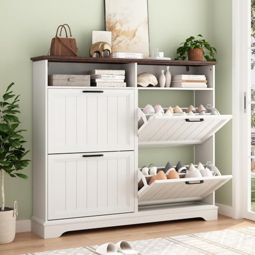 Shoe Storage Cabinet with 4 Flip Drawers, Farmhouse Modern Hidden Shoes Rack Cabinet with Adjustable Shelves & Open Storage, Narrow Slim Shoe Organizer for Front Door Entrance, Entryway, Antique White - color: Antique White, size: 4-Drawers